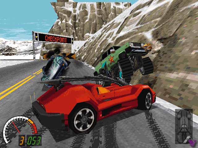 Carmageddon 1997 PC screenshot running over pedestrians gore